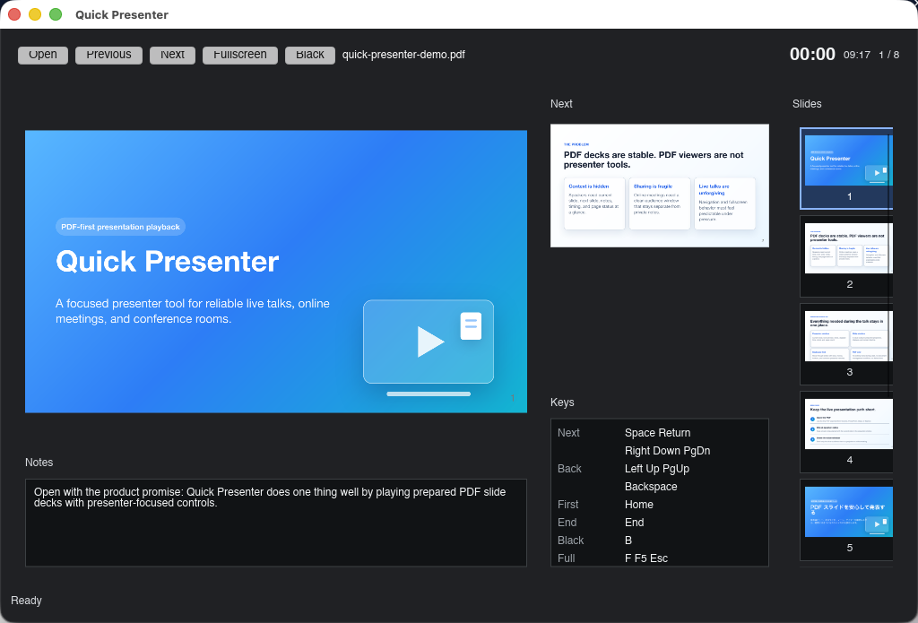 Quick Presenter presenter window showing the current slide, next slide preview, speaker notes, timer, and page status.