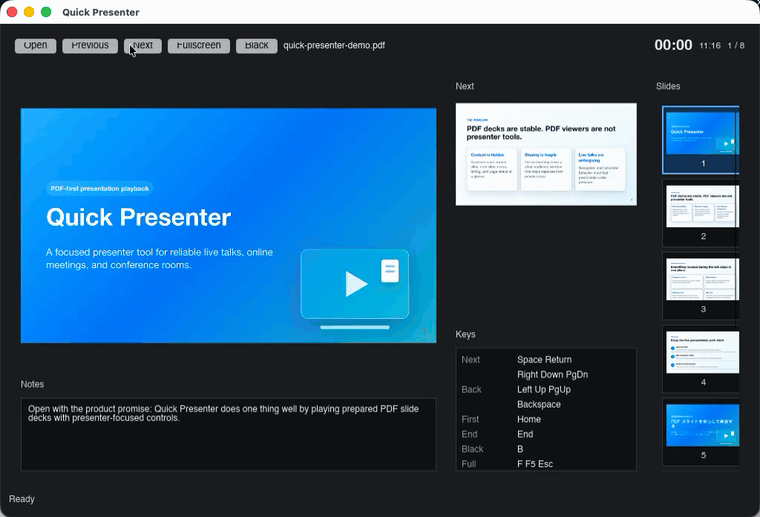 Animated Quick Presenter demo showing PDF slide navigation in the presenter window.